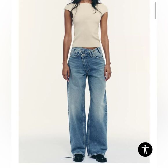 Zara The High Waist Crossover Waist Wide Leg Full Length Jeans 4 - Picture 5 of 16